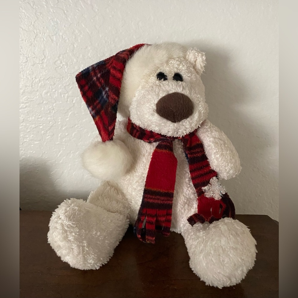 Cozy White Teddy Bear with Red Plaid Accessories